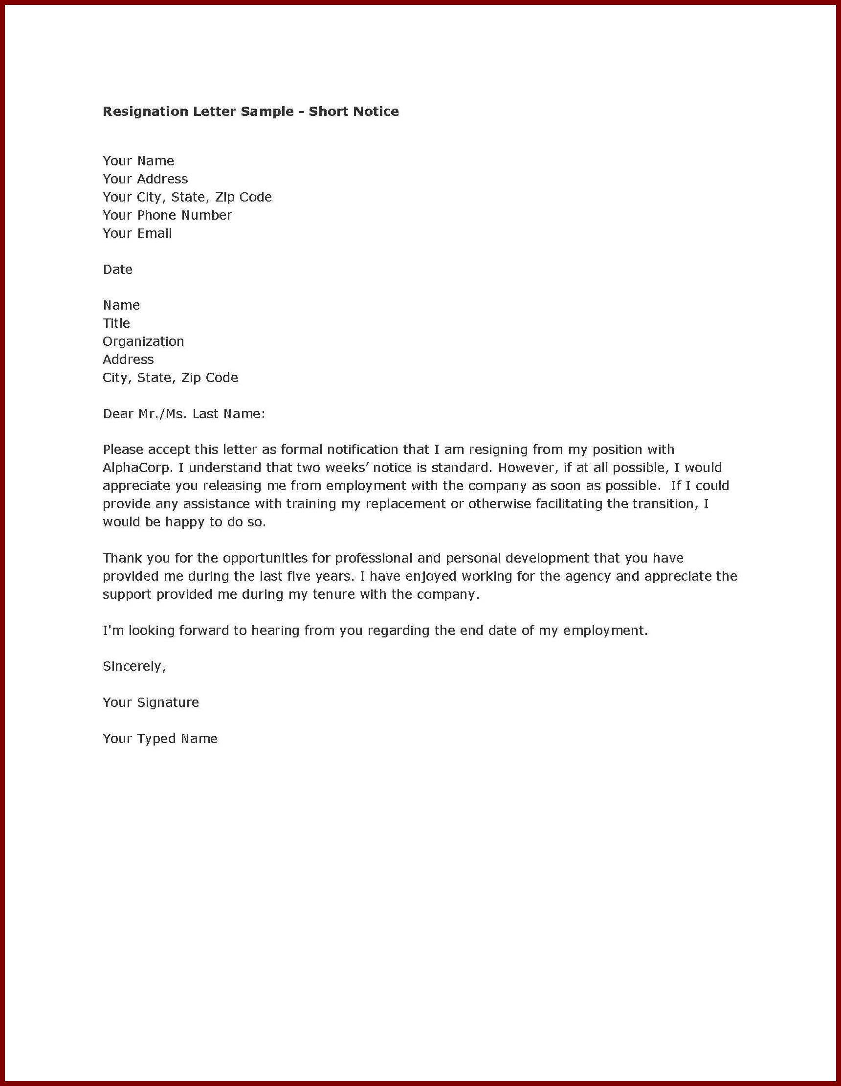 Formal Resignation Letter Sample With Notice Period Task List Templates