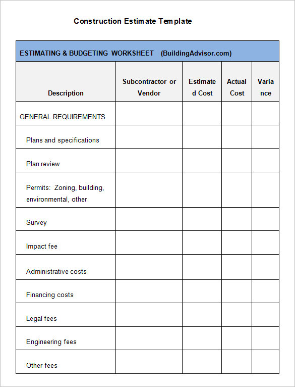 Free Construction Estimate Template Excel Task List Templates