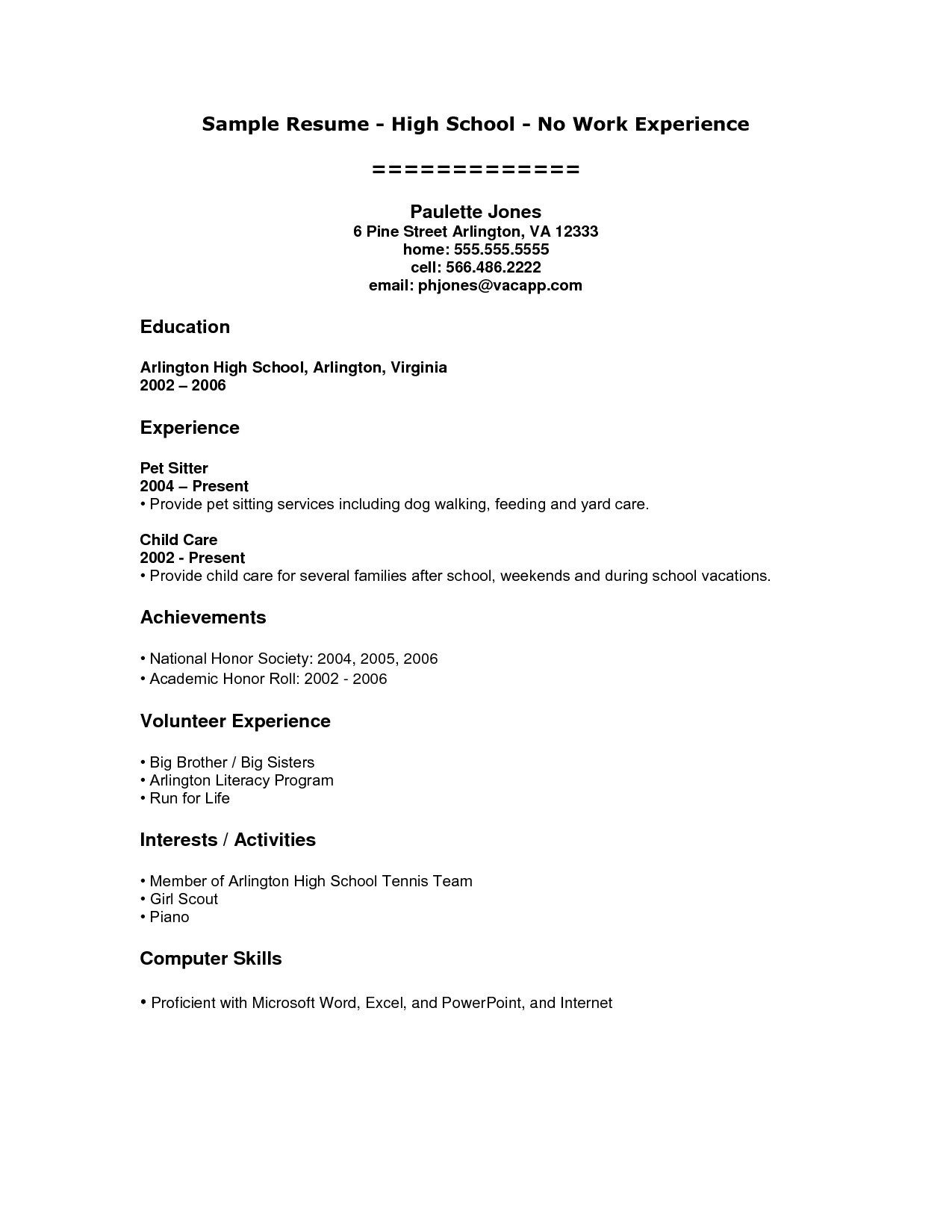 High School Student Resume With No Work Experience Task List Templates