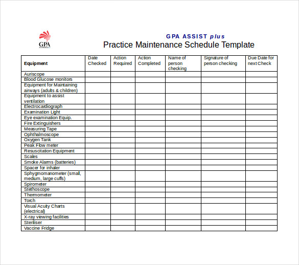 Preventive Maintenance Schedule Template Excel Task List Templates