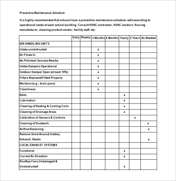 Preventive Maintenance Schedule Template Excel Task List Templates