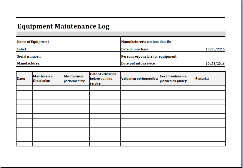 Equipment Maintenance Schedule Template Excel Task List Templates