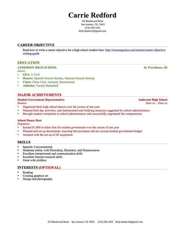 high school student resume with no work experience example
