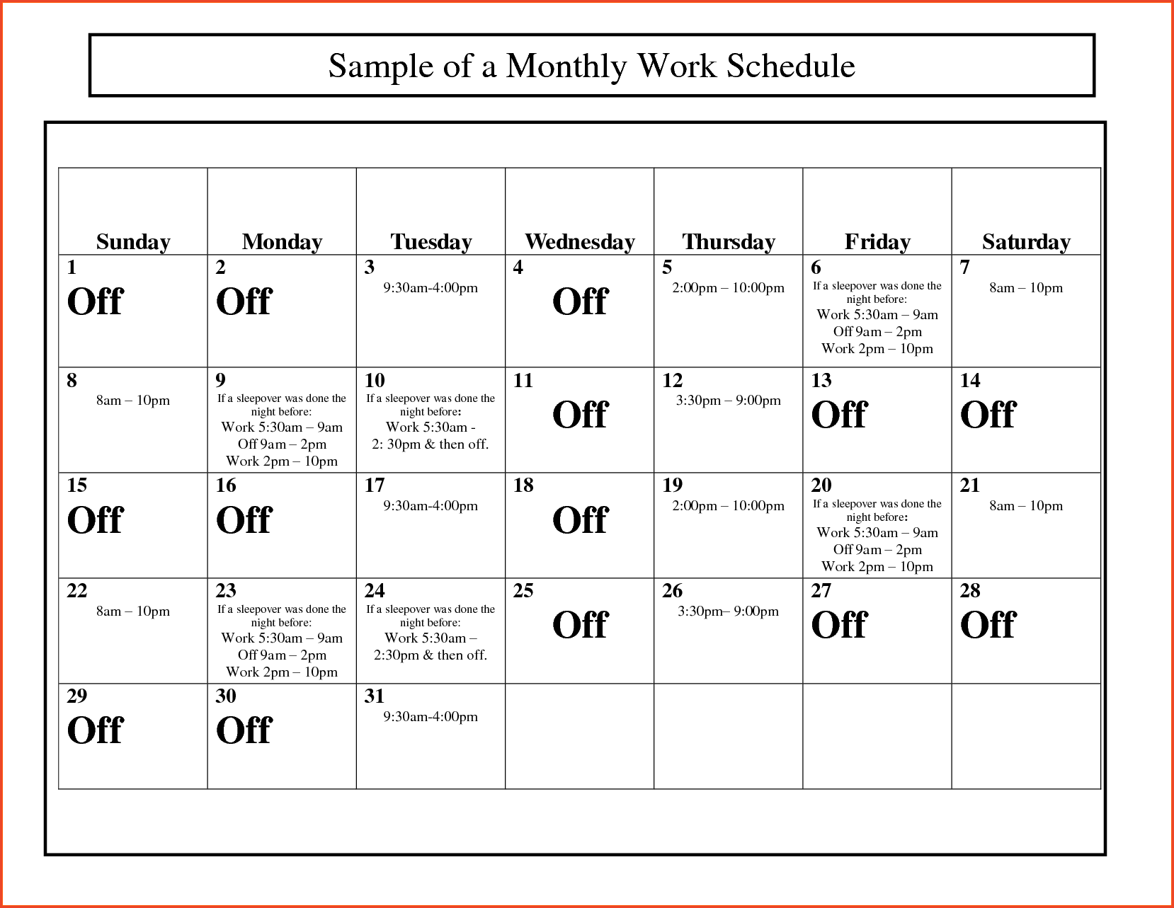 Monthly Work Schedule Template Printable Example Calendar Printable Monthly Work Schedule