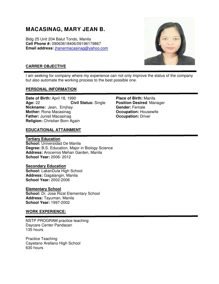 Resume Format Sample Riset 1322