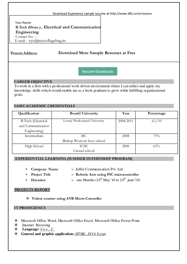 job resume format excel download