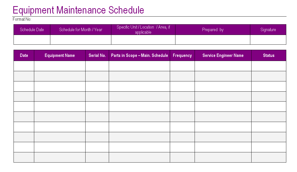 Equipment Maintenance Schedule Template Excel Task List Templates